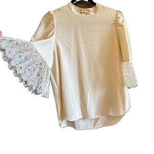 NWT See By Chloe Light Beige Long Sleeve Lace Trim Blouse Womens Size 40